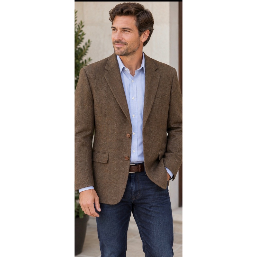 Lauren Ralph Lauren Mens 40L Brown Herringbone Lambs Wool Sport Coat Blazer